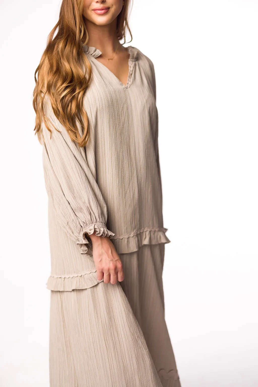 Millie Textured Tiered Maxi Dress in Light Mocha