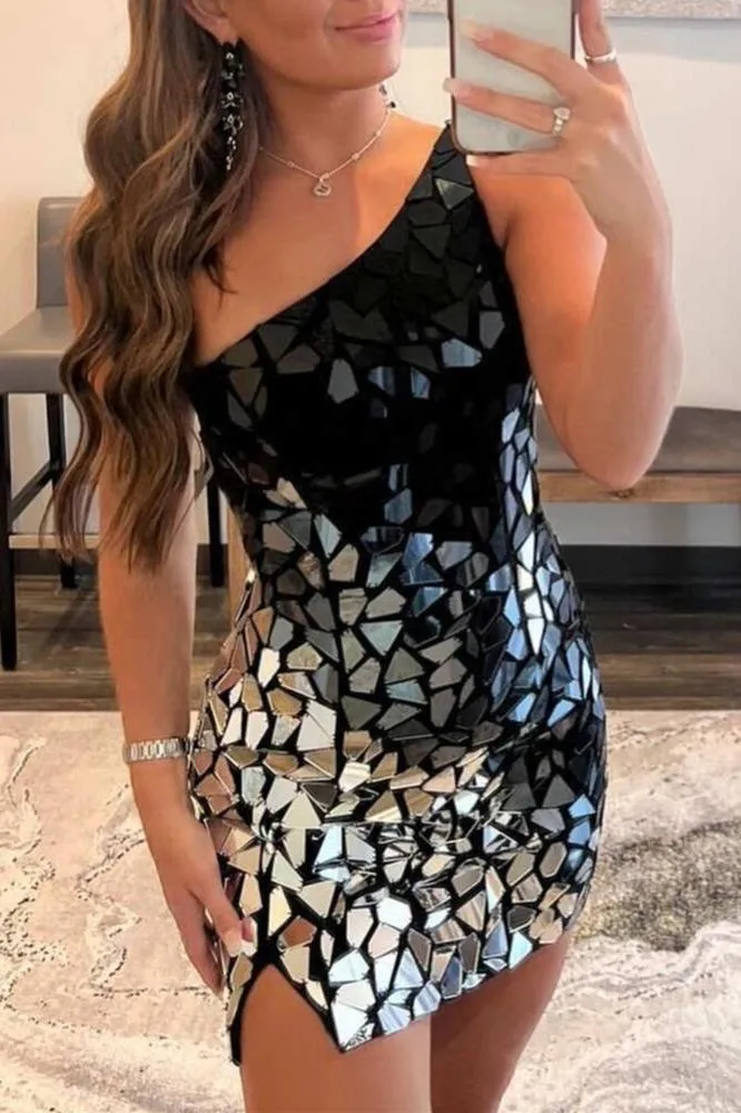 Mina | Black Gradient Cut Glass Mirror One-Shoulder Short Dress