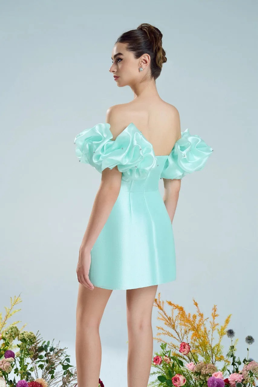 Mint Green Off Shoulder Mini Dress with Puff Sleeves