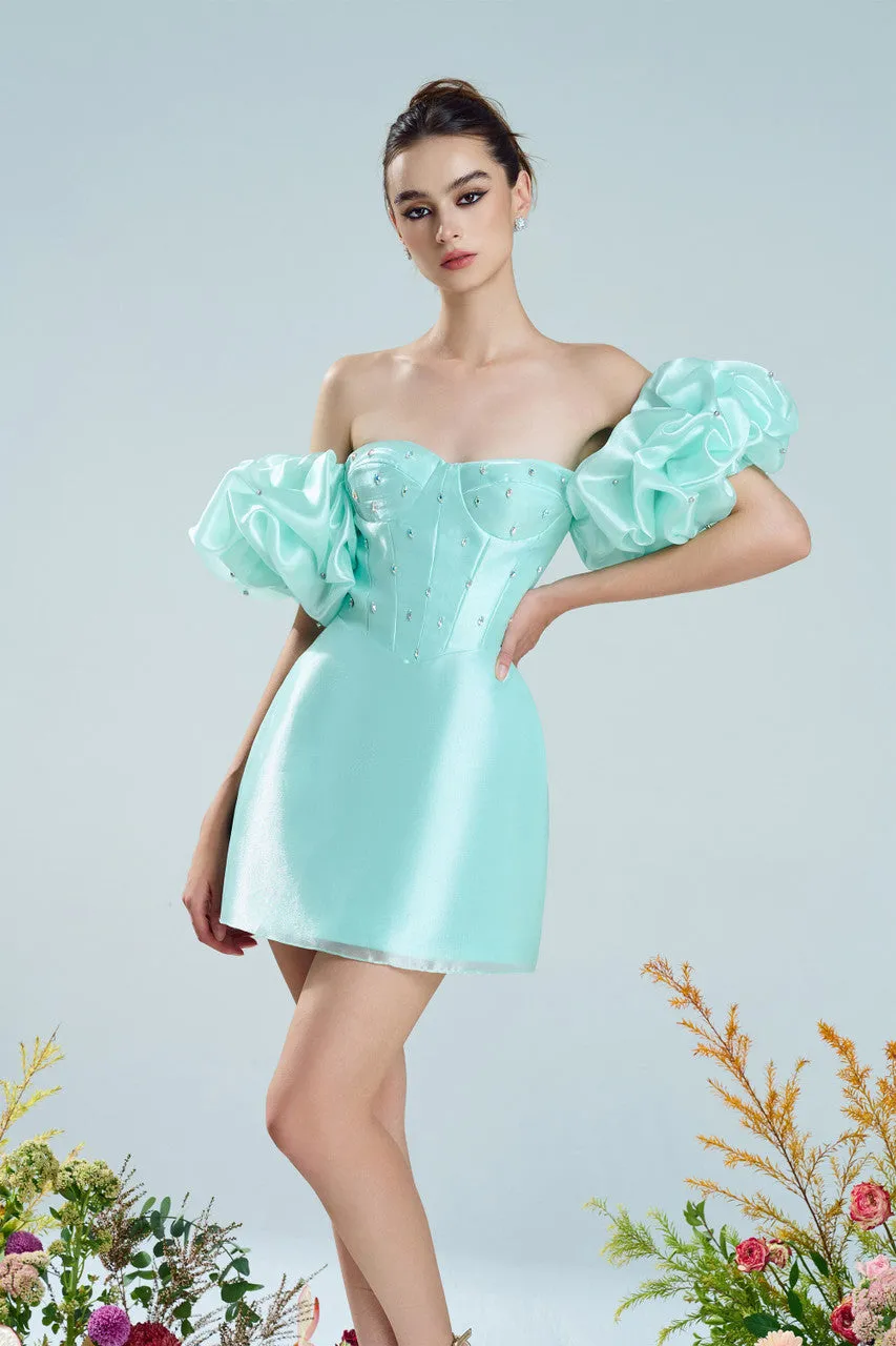 Mint Green Off Shoulder Mini Dress with Puff Sleeves