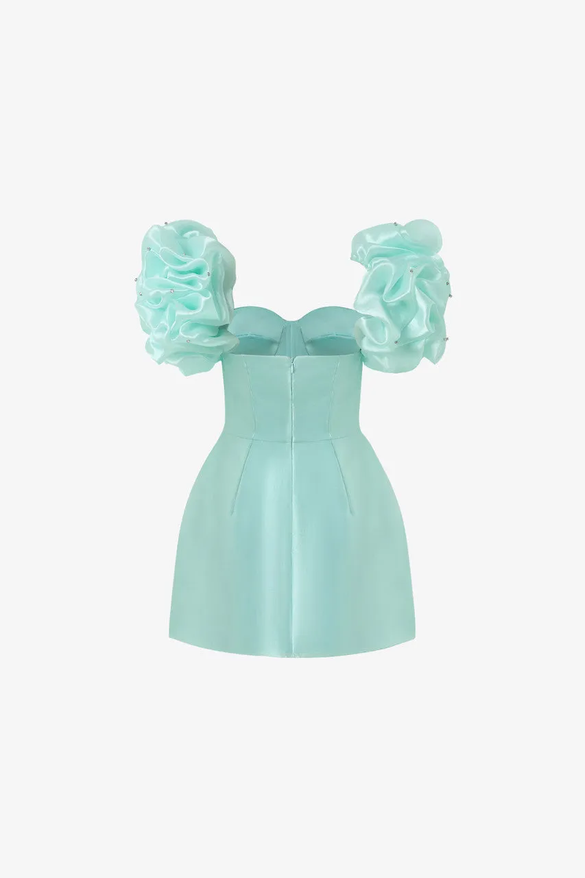 Mint Green Off Shoulder Mini Dress with Puff Sleeves