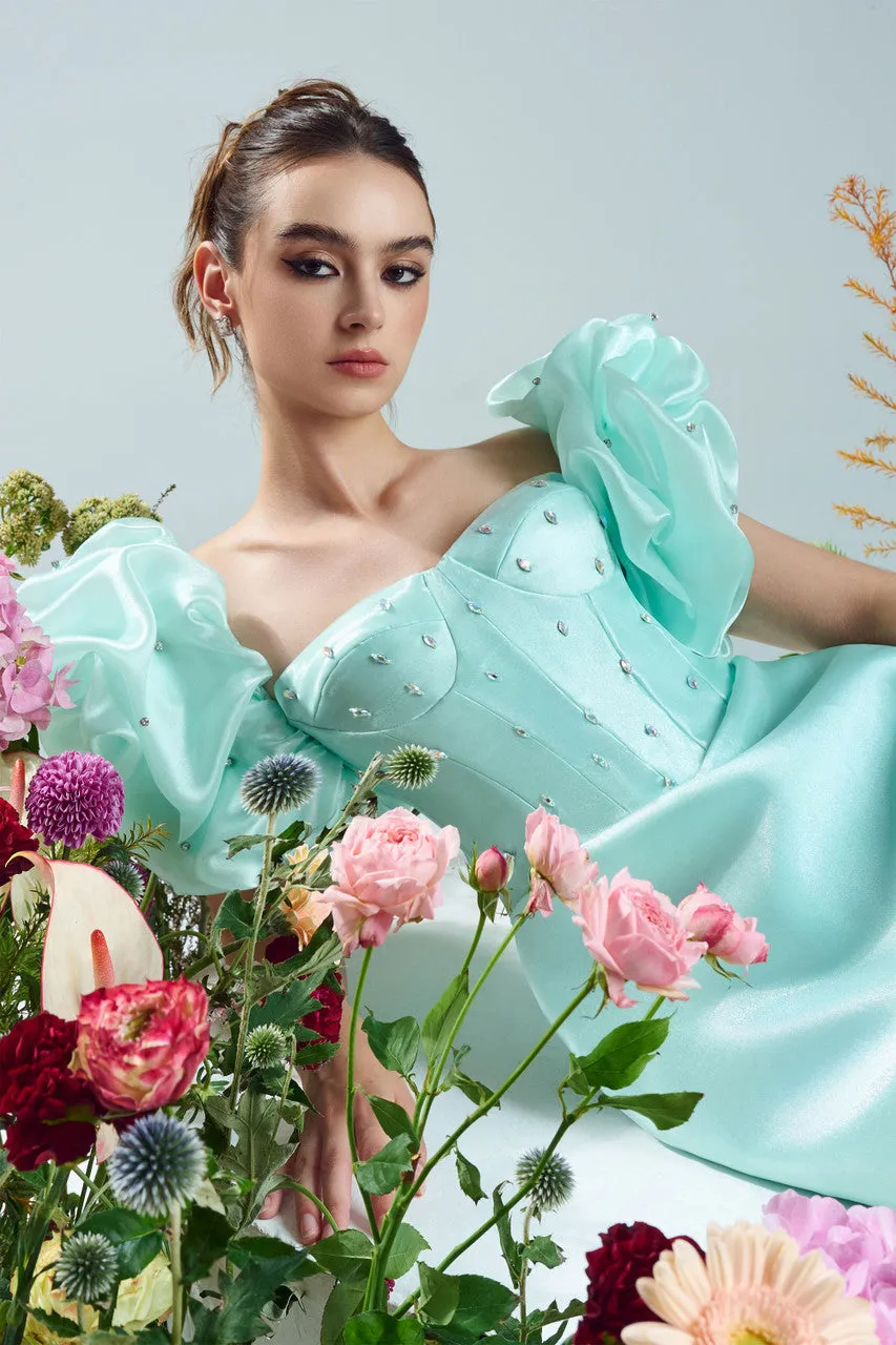 Mint Green Off Shoulder Mini Dress with Puff Sleeves