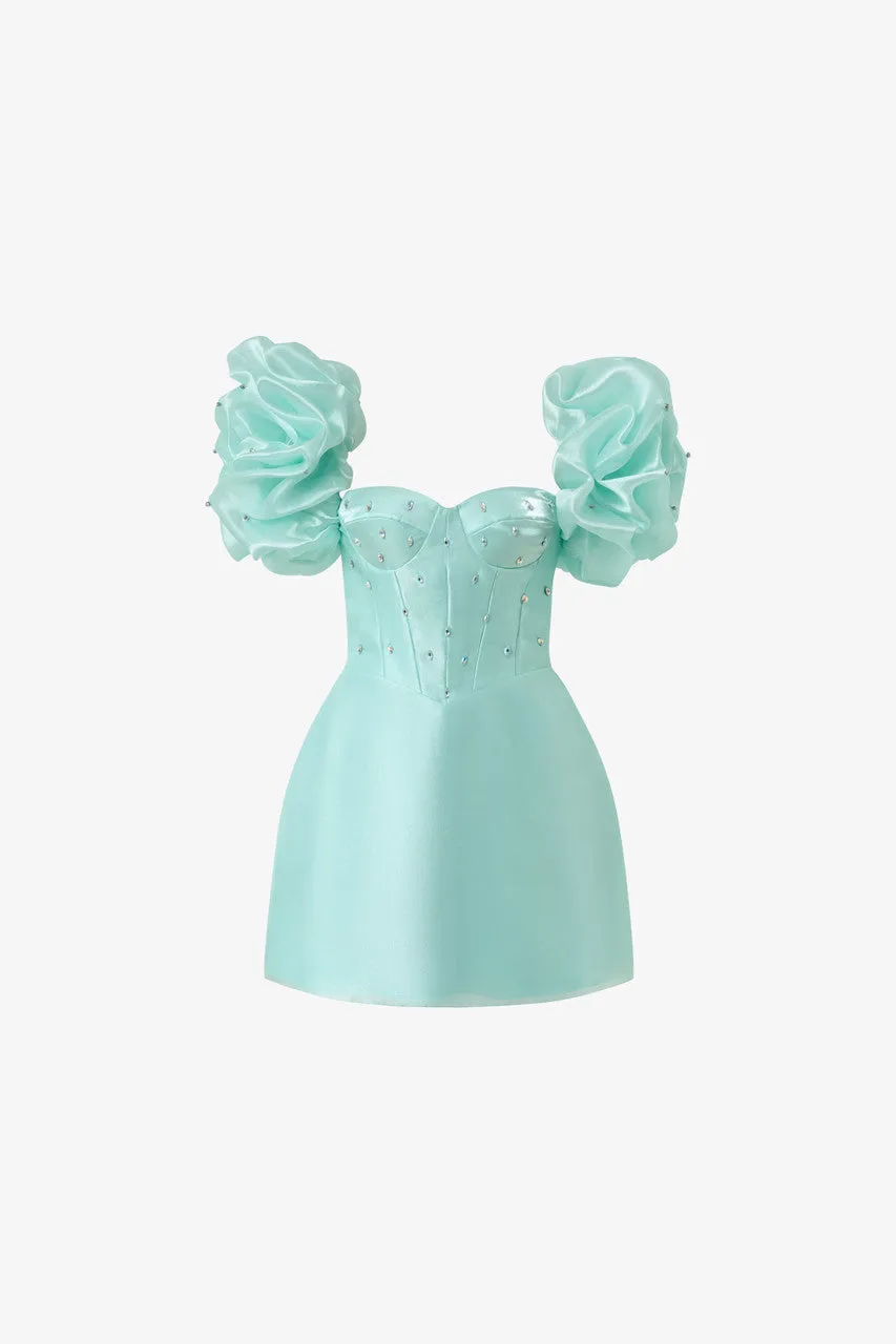 Mint Green Off Shoulder Mini Dress with Puff Sleeves