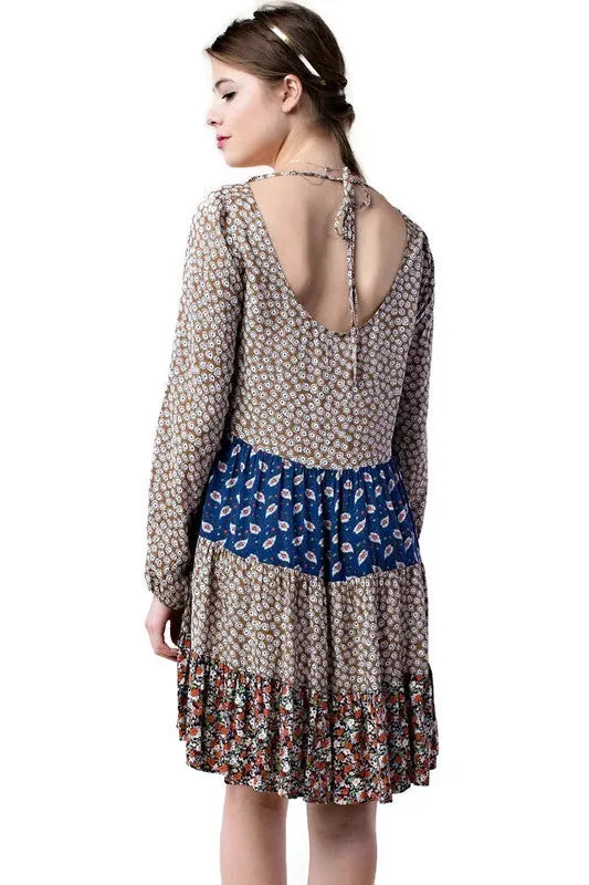 Mixed Print Tie Back Dress, Taupe