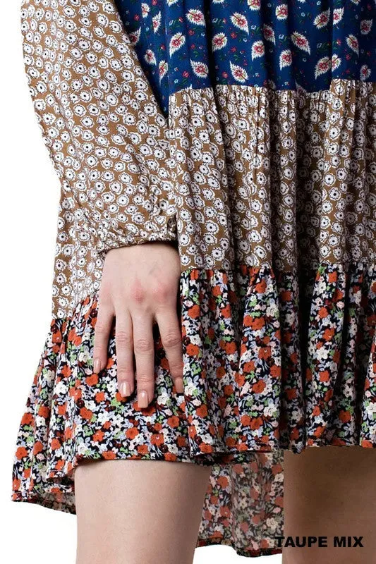 Mixed Print Tie Back Dress, Taupe