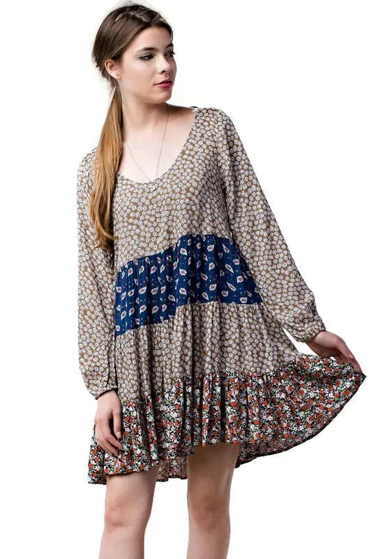 Mixed Print Tie Back Dress, Taupe