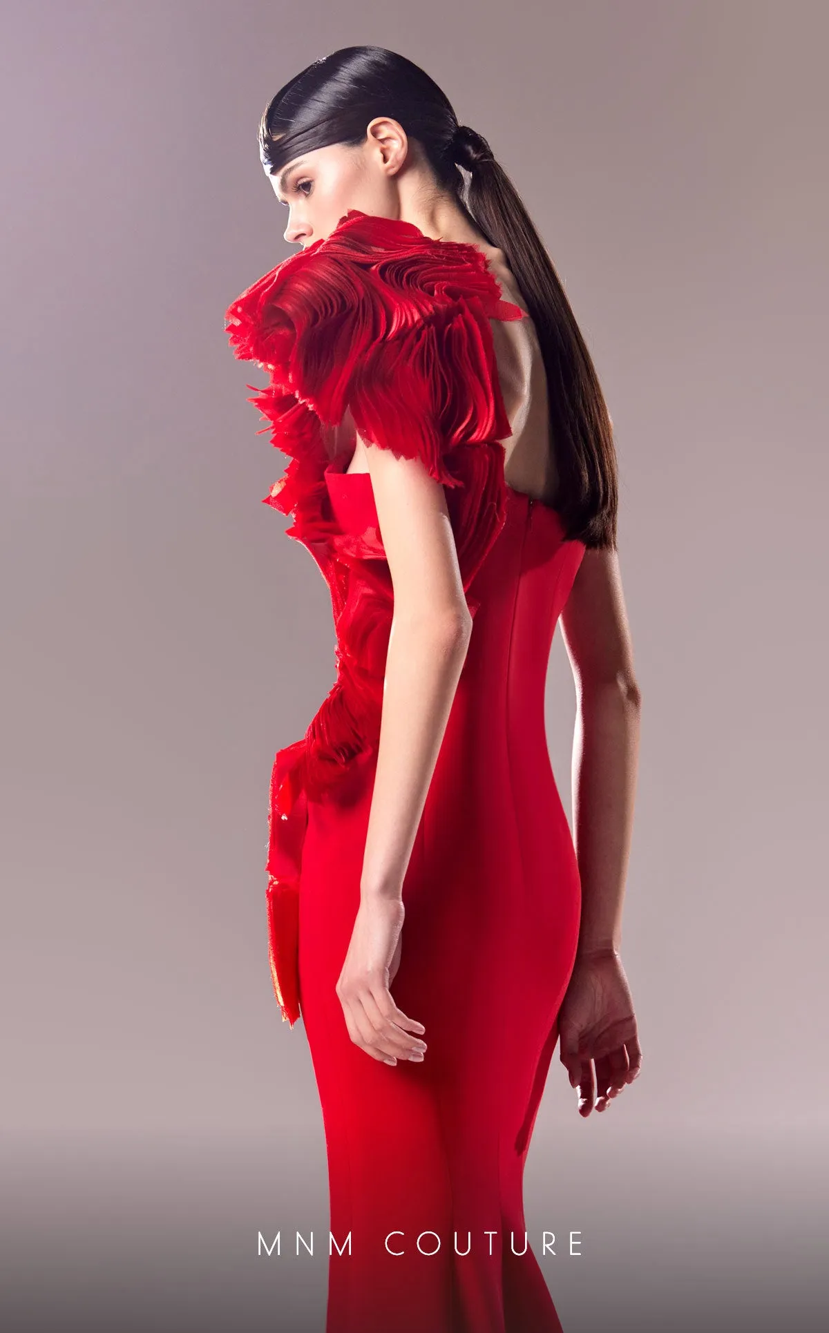 MNM Couture G1612 : One-Shoulder Red Dress with Avant-Garde Organdie Accents
