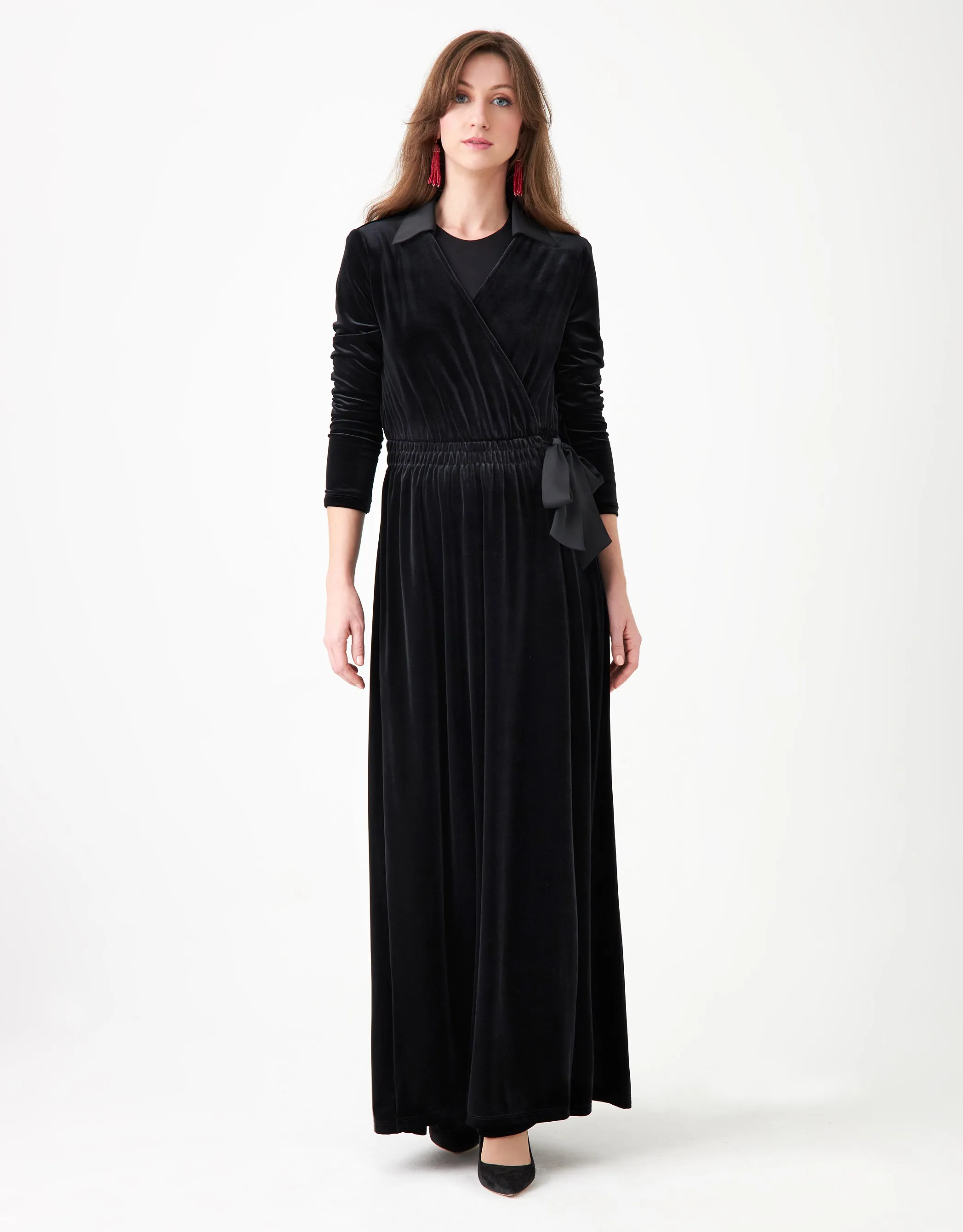 Mock Wrap Velvet Maxi Dress Shabbos Robe with Satin Collar and Tie
