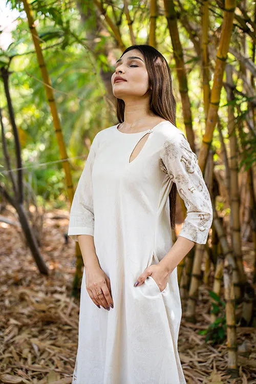 Moralfibre Kora Dress With Golden Peacock Details On Muslin Asymatrical Sleeves And Kali