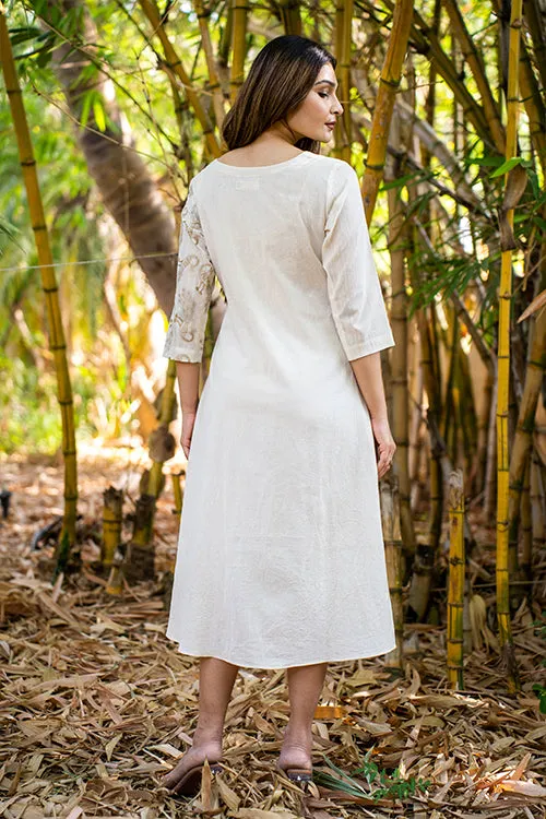 Moralfibre Kora Dress With Golden Peacock Details On Muslin Asymatrical Sleeves And Kali