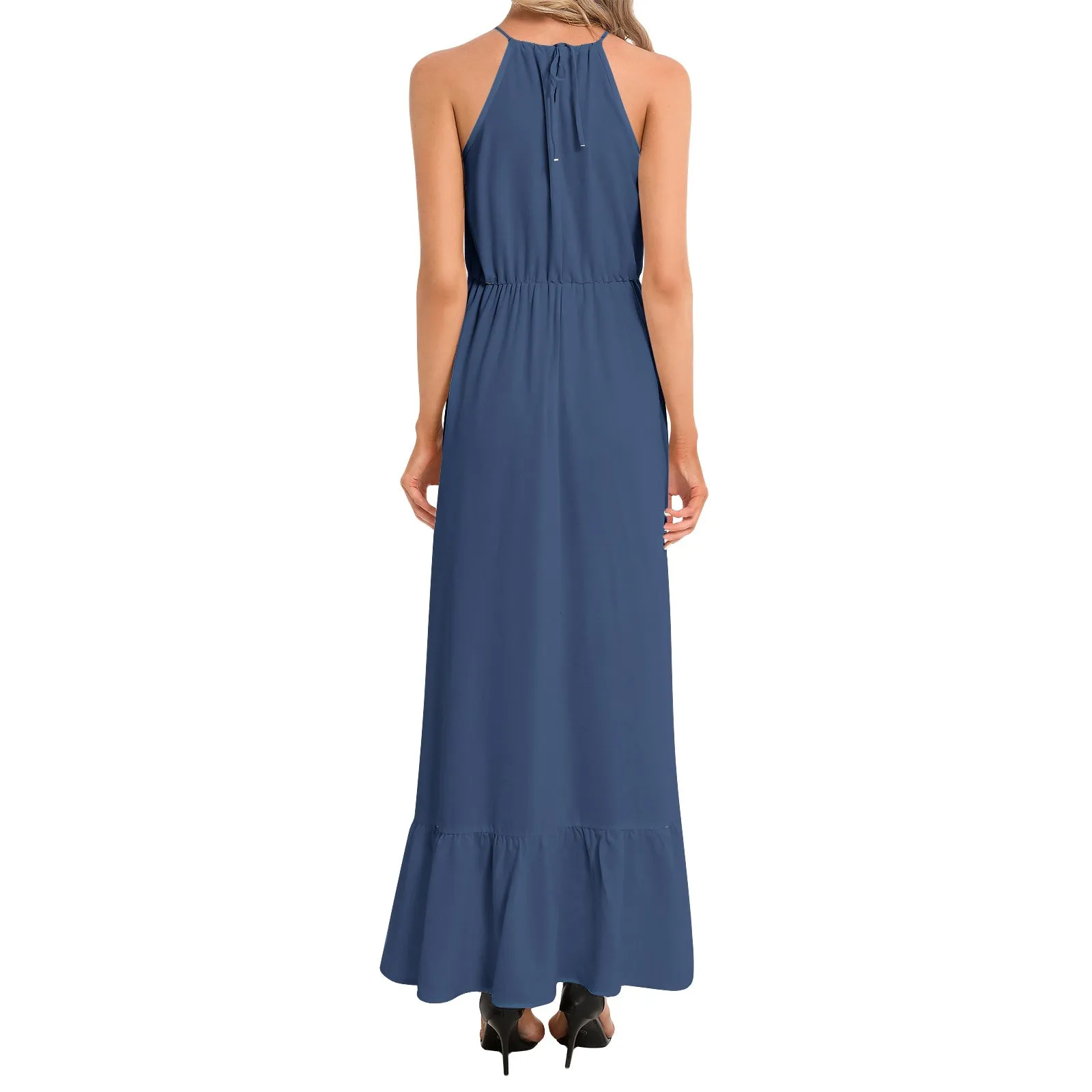 Morning Glory Blue Ruffle Hem Halter Neck Maxi Dress