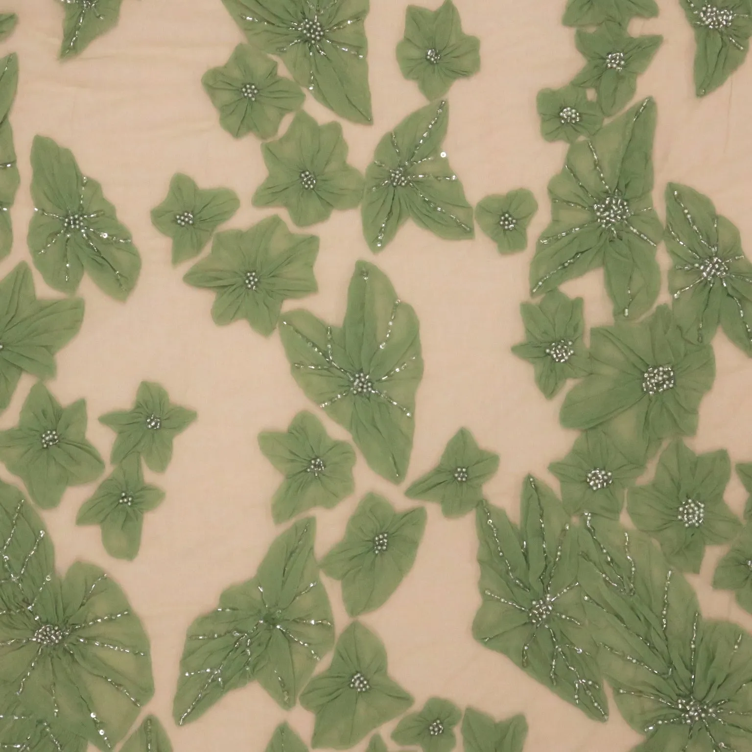 Moss Green Pearls and Bugle Beads on 3D High Relief Flowers Embroidered Tulle Fabric