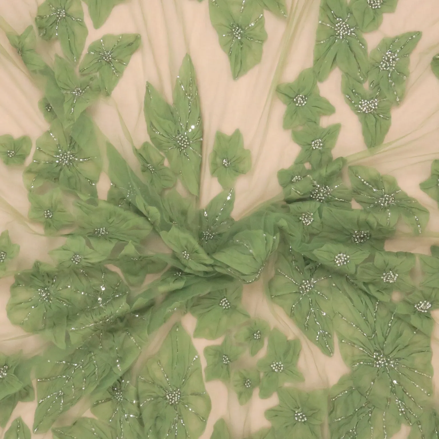 Moss Green Pearls and Bugle Beads on 3D High Relief Flowers Embroidered Tulle Fabric