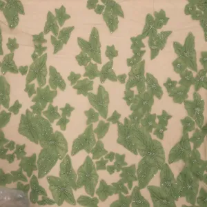 Moss Green Pearls and Bugle Beads on 3D High Relief Flowers Embroidered Tulle Fabric