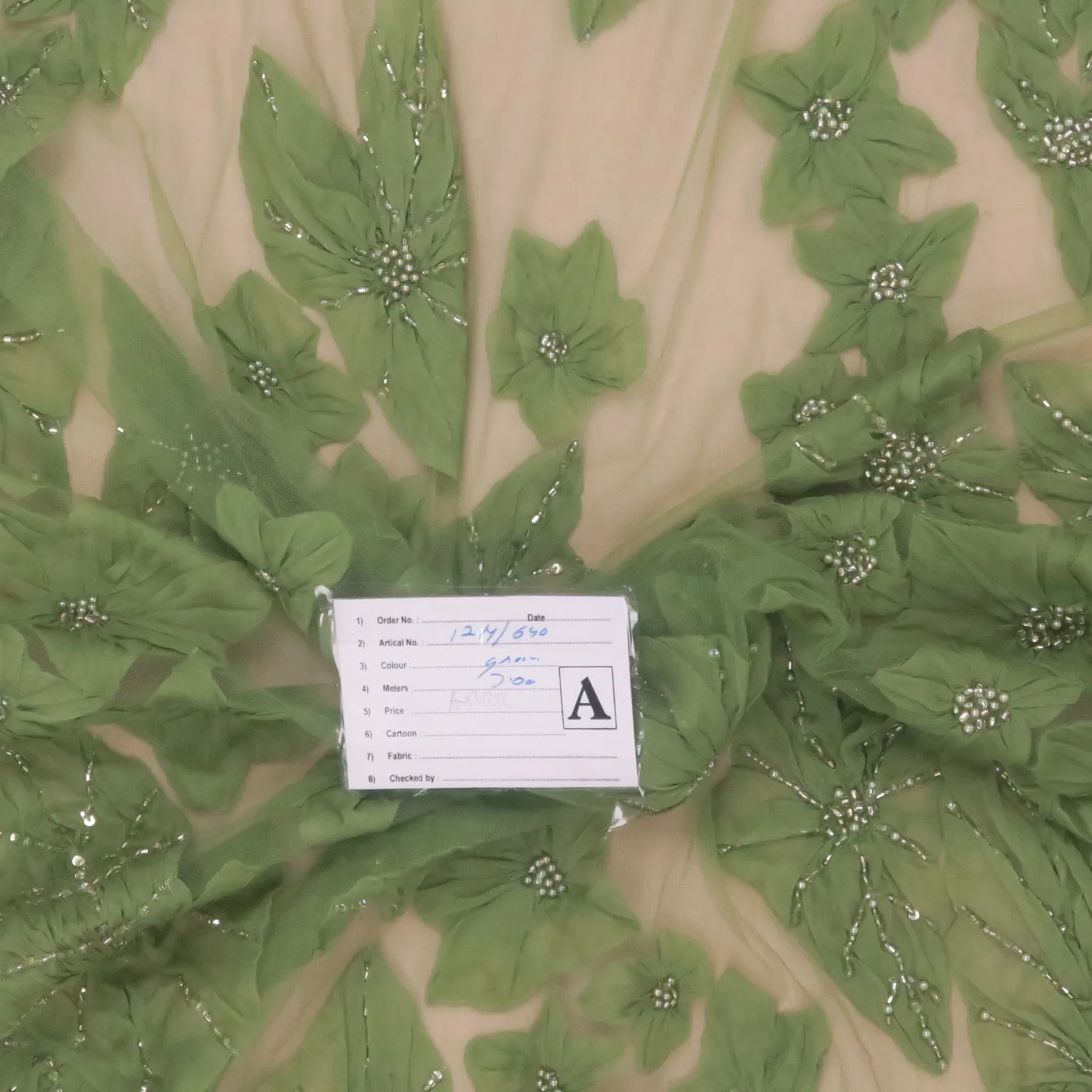 Moss Green Pearls and Bugle Beads on 3D High Relief Flowers Embroidered Tulle Fabric