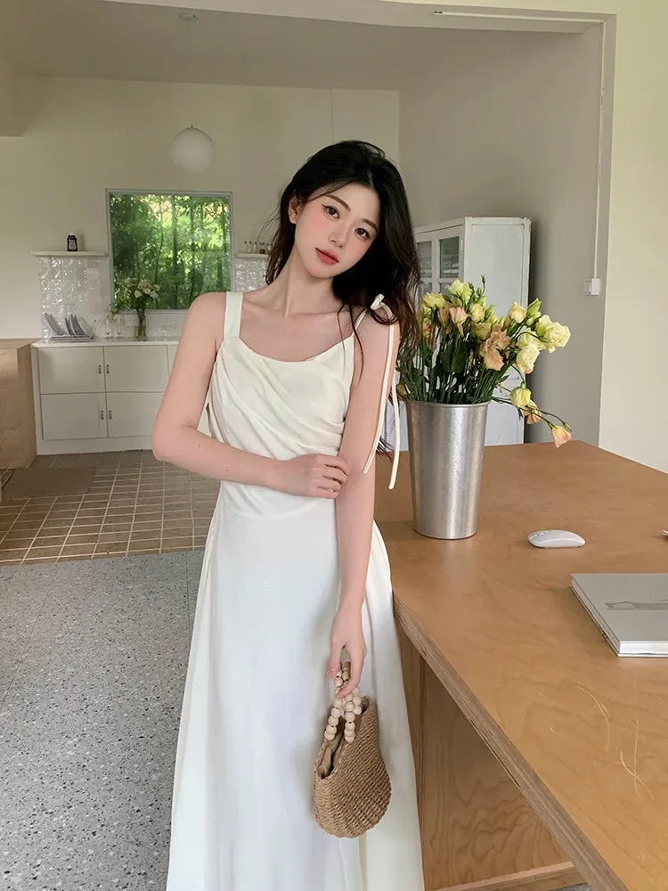 MQTIME  -  2024 Summer New Design Sense Large Sling Dress Solid Color Versatile Sleeveless Pleated Long Short Skirt for Women