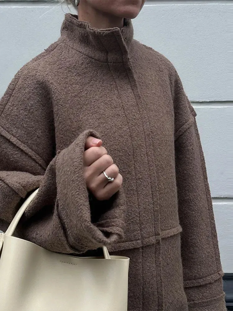 Mqtime Patchwork Woolen Jackets For Women Turtleneck Long Sleeve Zipper Oversized Overcoat Autumn Streetwear Lady Jacket