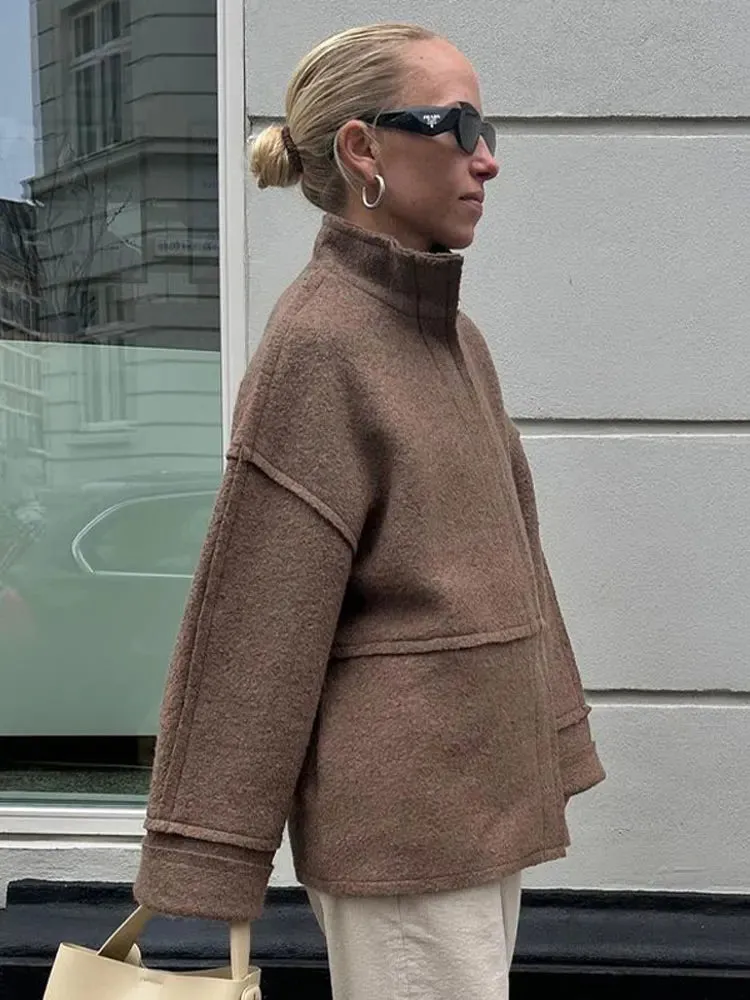Mqtime Patchwork Woolen Jackets For Women Turtleneck Long Sleeve Zipper Oversized Overcoat Autumn Streetwear Lady Jacket