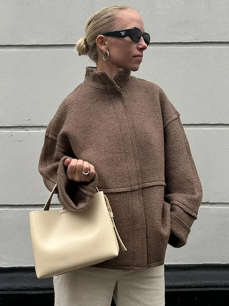 Mqtime Patchwork Woolen Jackets For Women Turtleneck Long Sleeve Zipper Oversized Overcoat Autumn Streetwear Lady Jacket