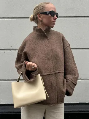 Mqtime Patchwork Woolen Jackets For Women Turtleneck Long Sleeve Zipper Oversized Overcoat Autumn Streetwear Lady Jacket
