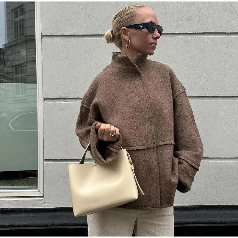 Mqtime Patchwork Woolen Jackets For Women Turtleneck Long Sleeve Zipper Oversized Overcoat Autumn Streetwear Lady Jacket