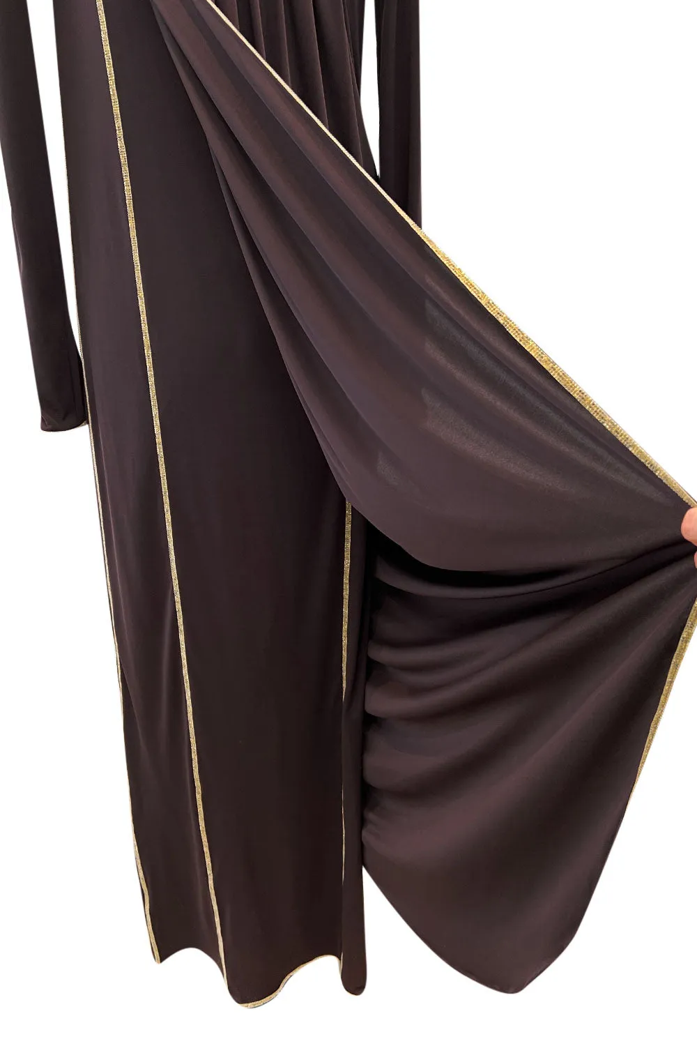 Museum Held 1970s Bill Gibb Deep Brown Liquid Jersey Dress w Metal Buttons & Extensive Beading