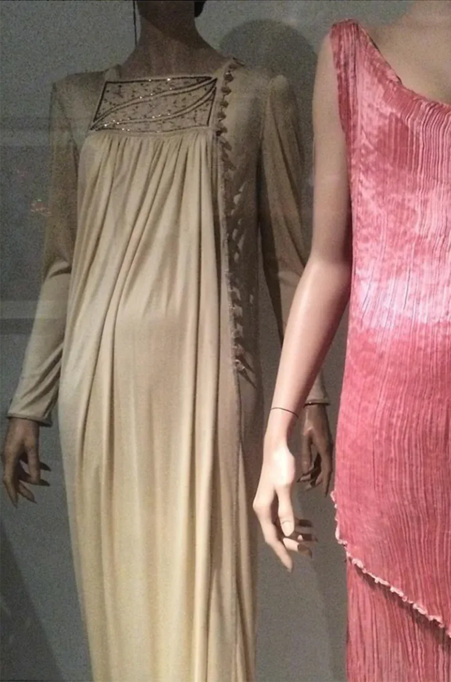 Museum Held 1970s Bill Gibb Deep Brown Liquid Jersey Dress w Metal Buttons & Extensive Beading