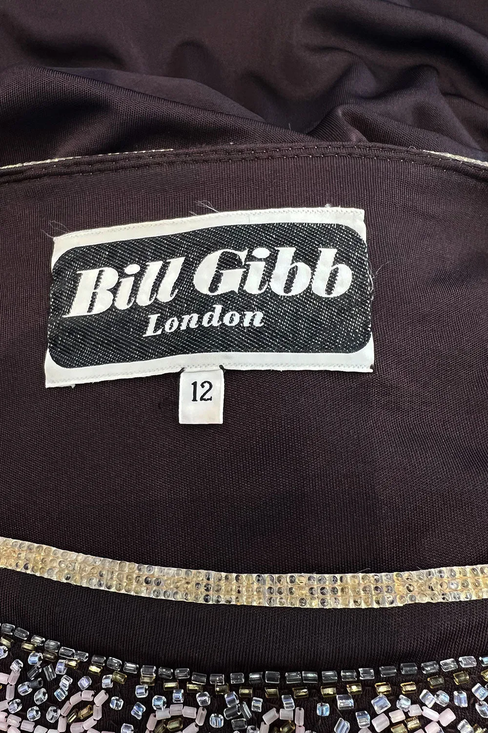 Museum Held 1970s Bill Gibb Deep Brown Liquid Jersey Dress w Metal Buttons & Extensive Beading
