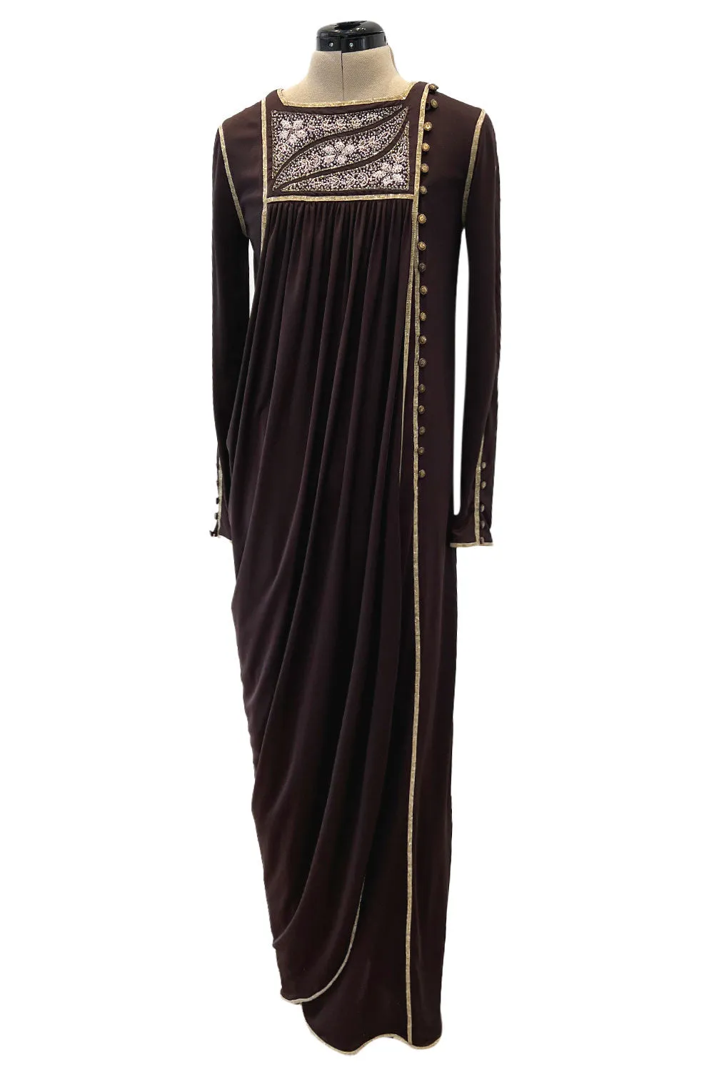 Museum Held 1970s Bill Gibb Deep Brown Liquid Jersey Dress w Metal Buttons & Extensive Beading