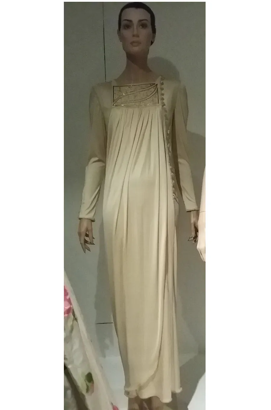 Museum Held 1970s Bill Gibb Deep Brown Liquid Jersey Dress w Metal Buttons & Extensive Beading