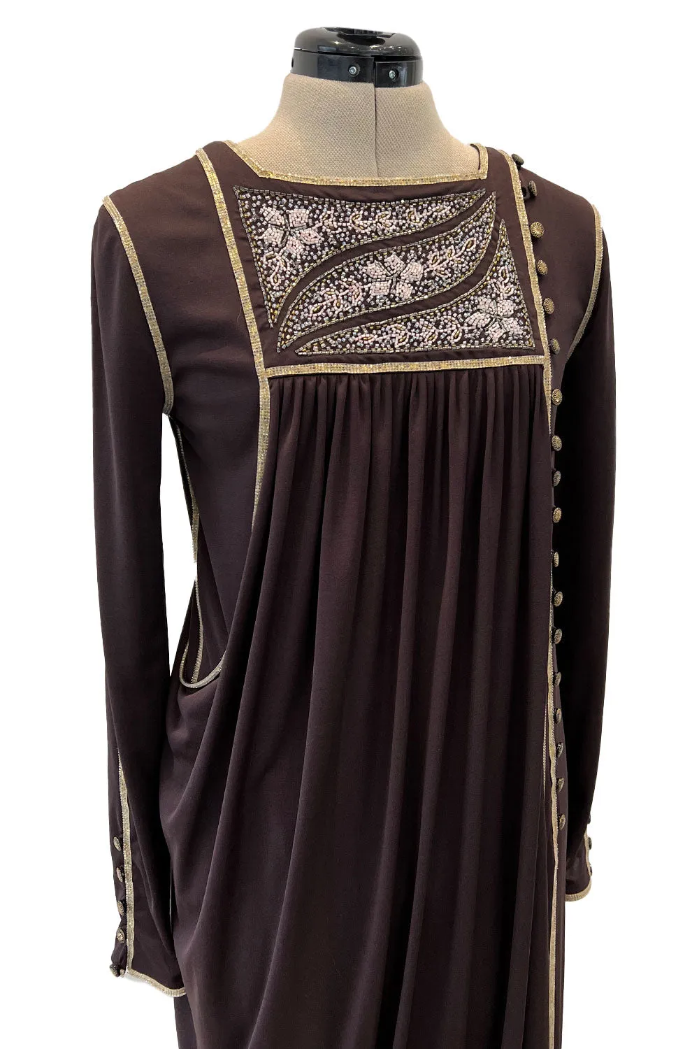 Museum Held 1970s Bill Gibb Deep Brown Liquid Jersey Dress w Metal Buttons & Extensive Beading
