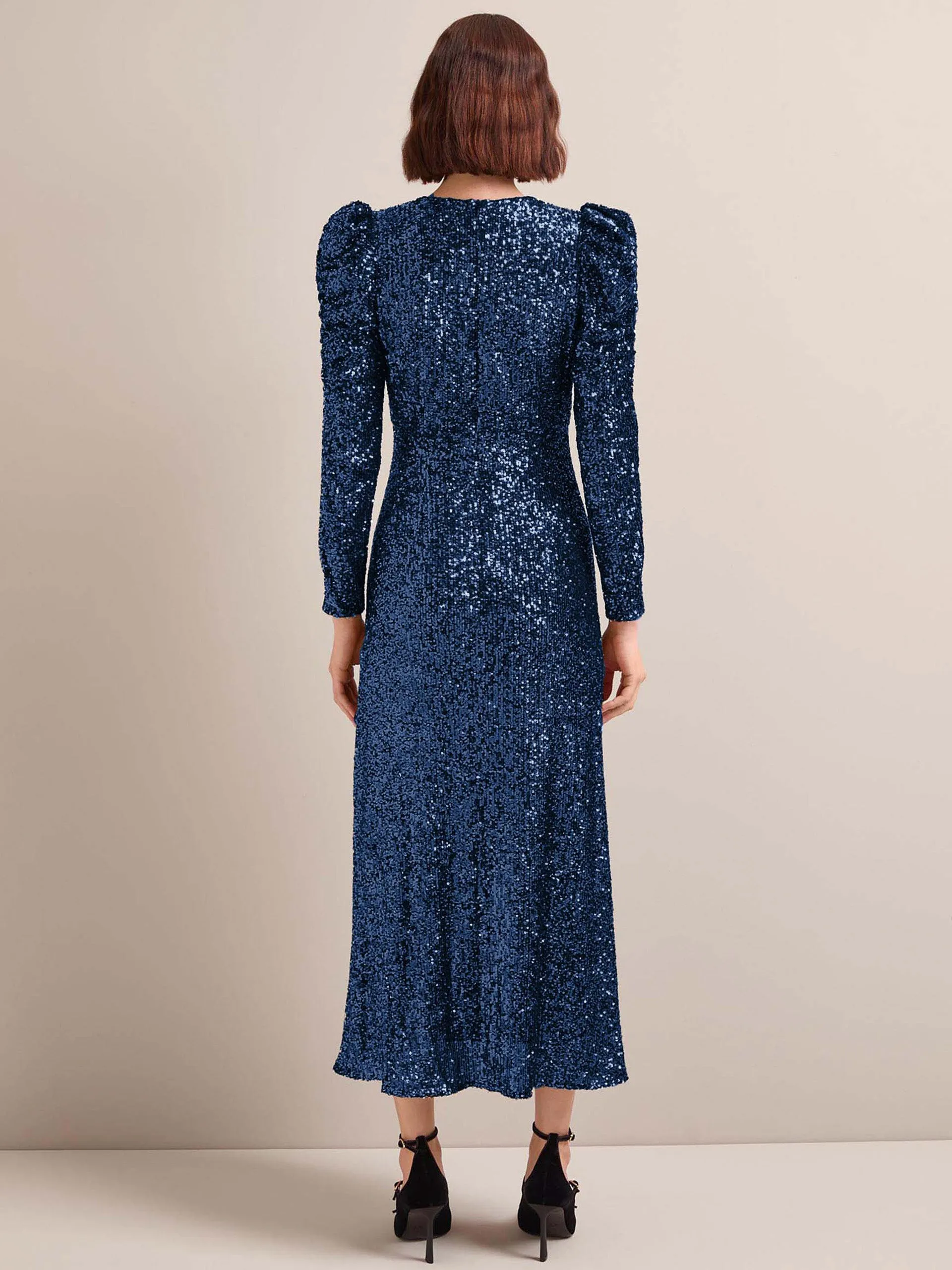Navy Ophelia bias cut sequin maxi dress