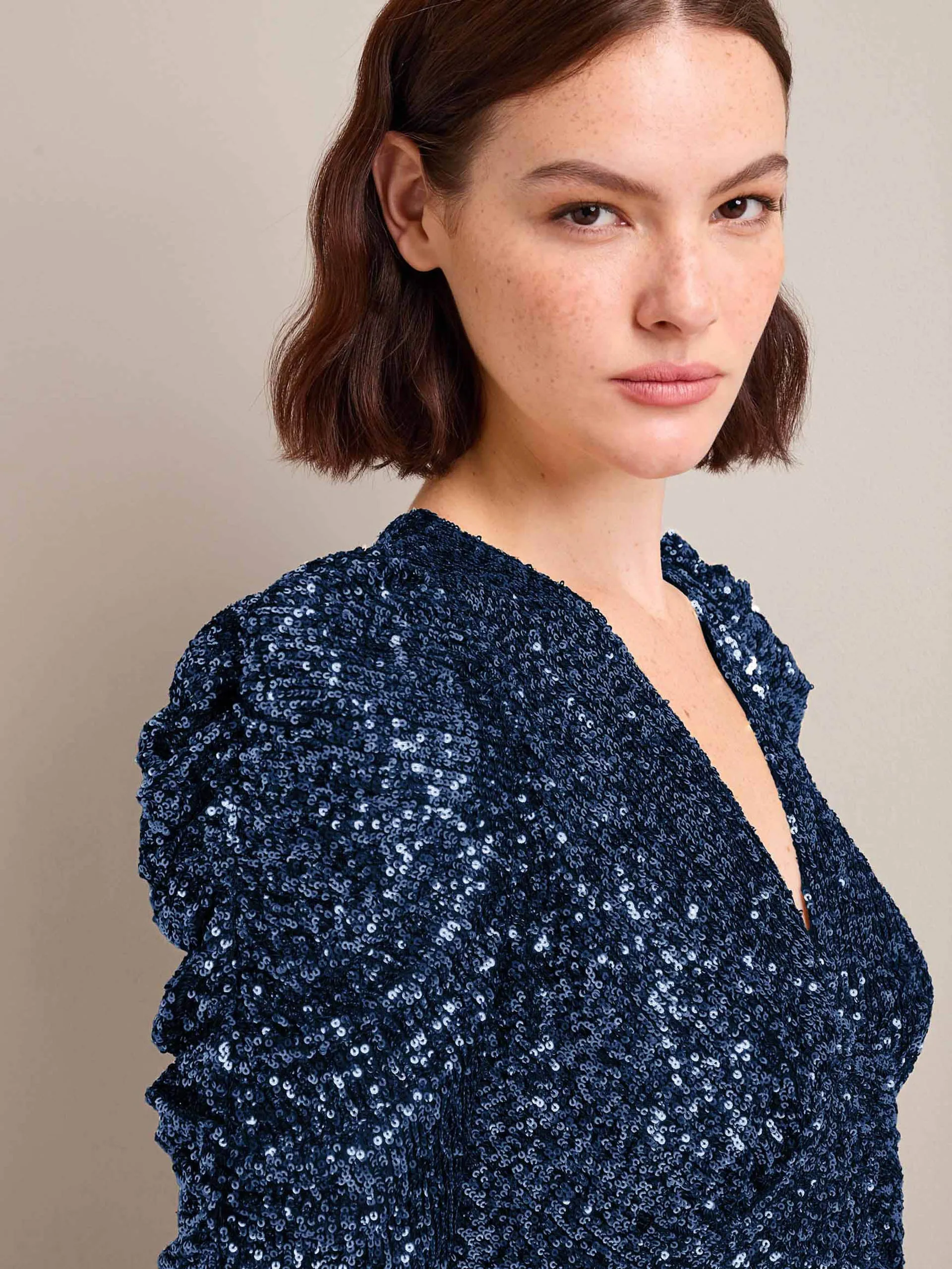 Navy Ophelia bias cut sequin maxi dress