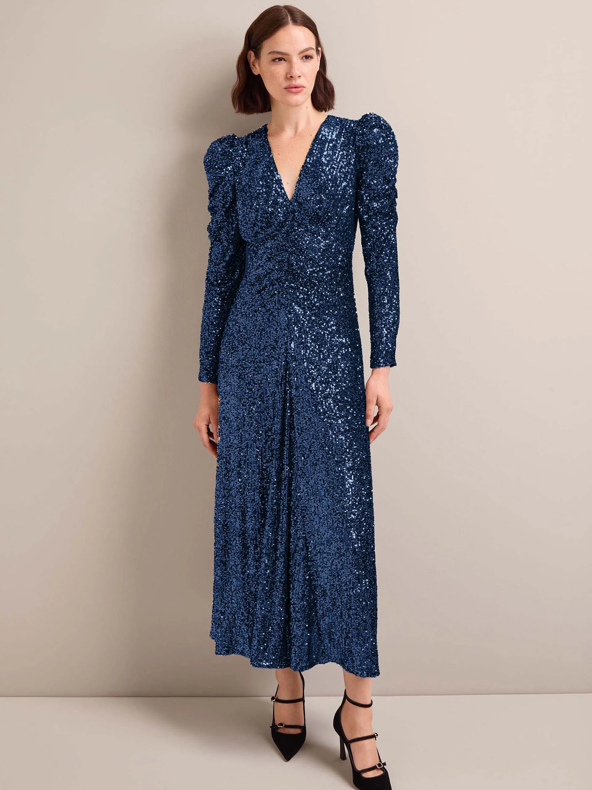 Navy Ophelia bias cut sequin maxi dress