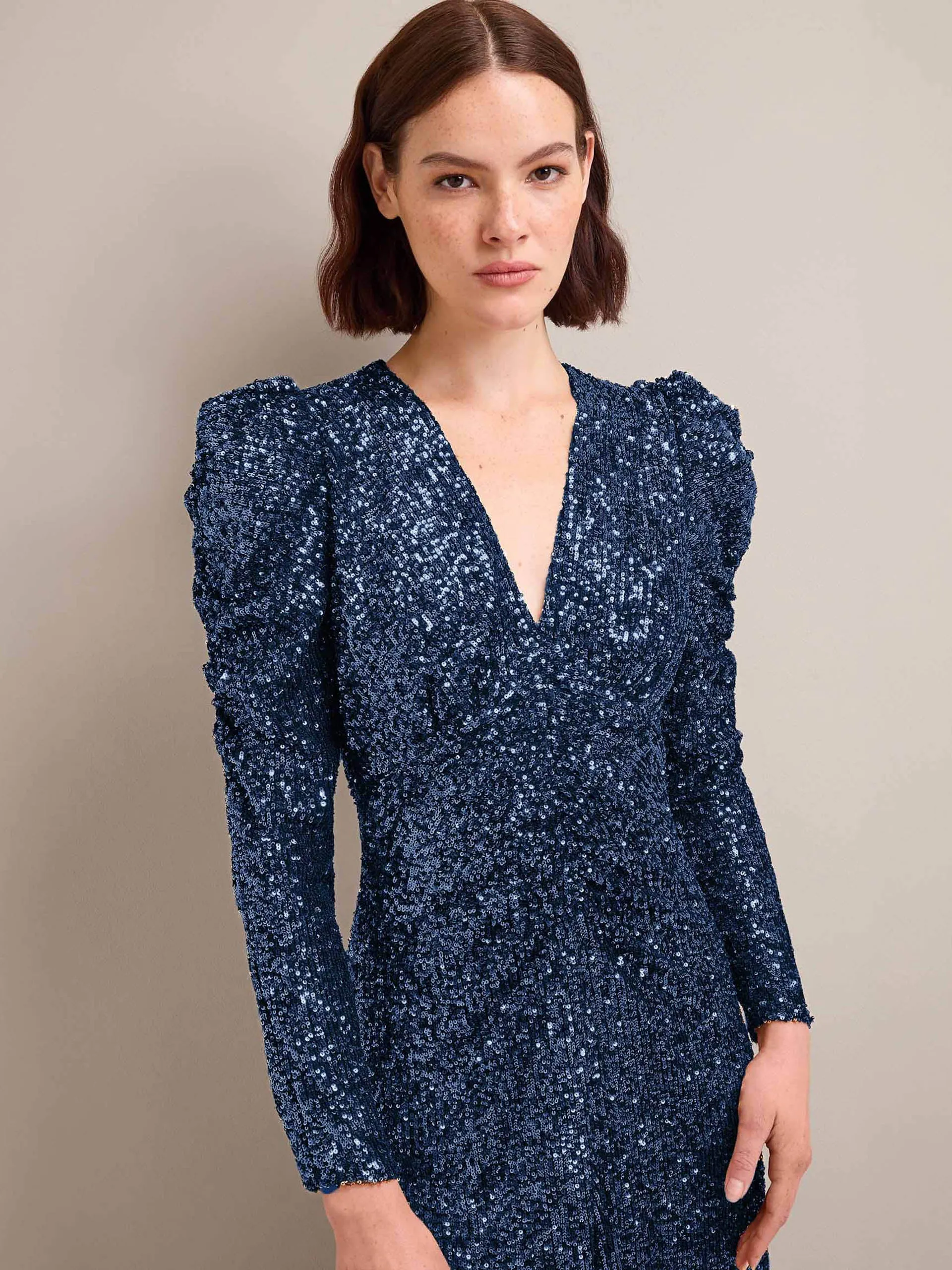 Navy Ophelia bias cut sequin maxi dress