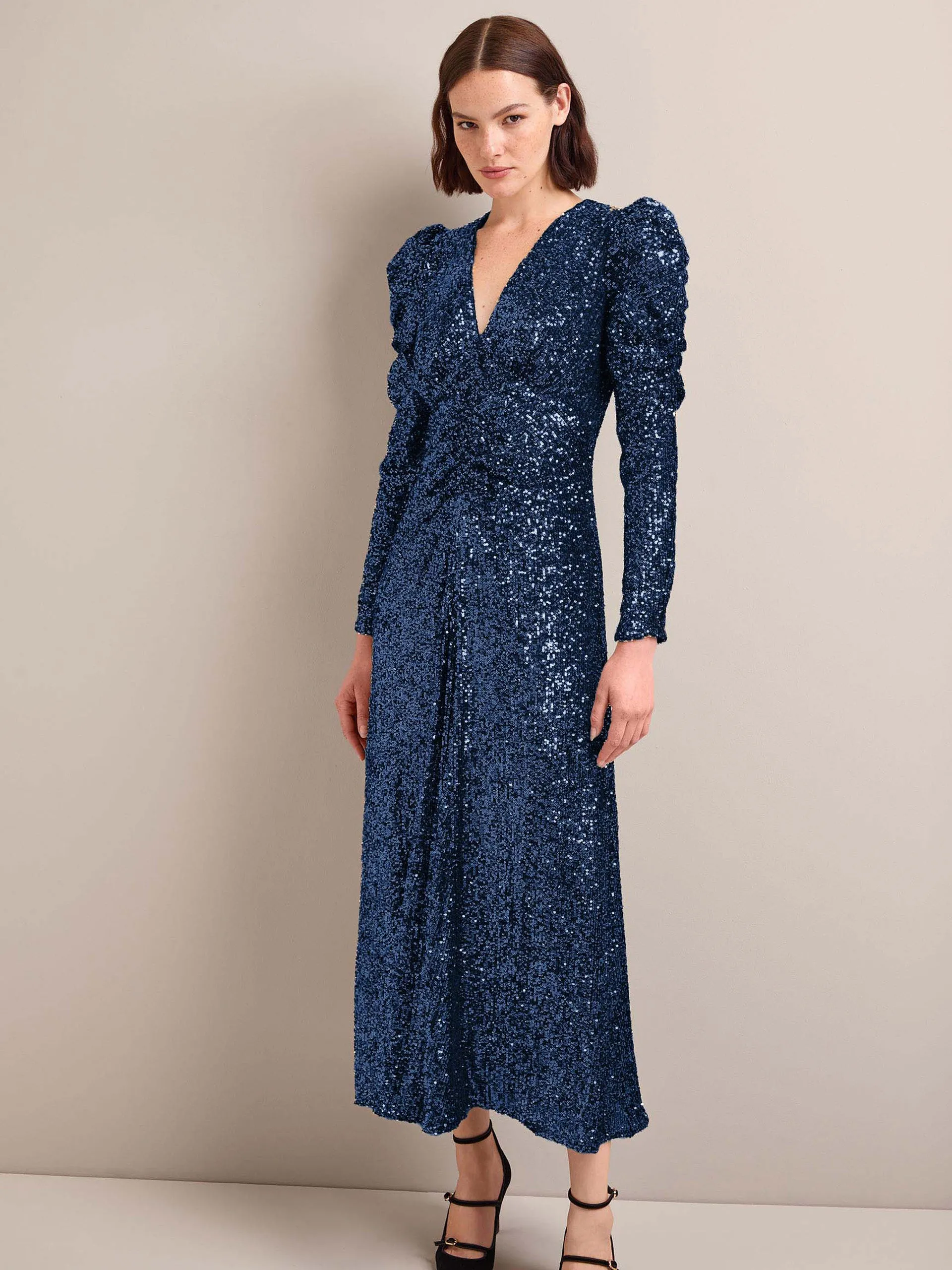 Navy Ophelia bias cut sequin maxi dress