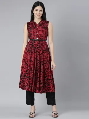 Neerus Red Straight Casual Animal Maxi Dresses
