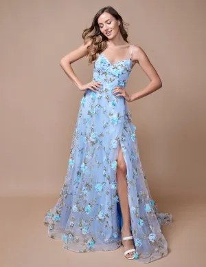 Nina Canacci 9150 Size 4, 12 Baby Blue A Line Floral Maxi Slit Prom Dress 3D Formal Gown Print V Neck Evening
