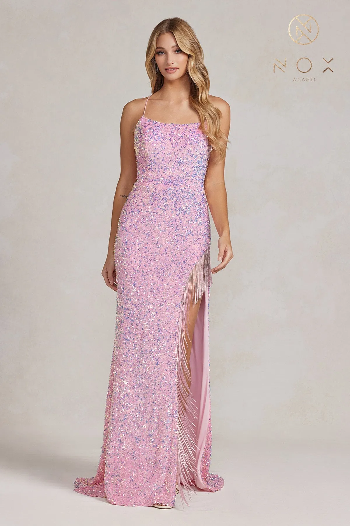 Nox Anabel T1209 Size 12 White Long Sequin Formal Prom Dress Thigh Slit Beaded Fringe Backless Corset