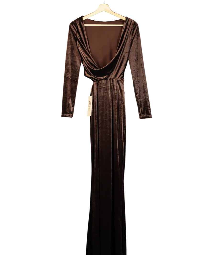 Oh Polly Velvet Long Sleeve Maxi Dress In Chocolate Brown UK 6