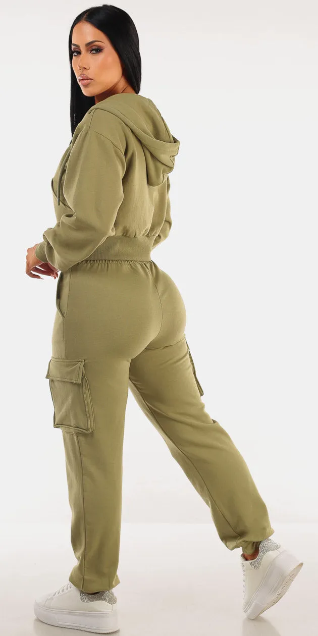 Olive Fleece Cargo Sweatpants Set