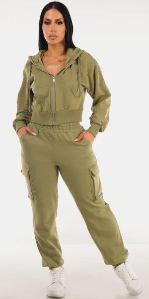 Olive Fleece Cargo Sweatpants Set