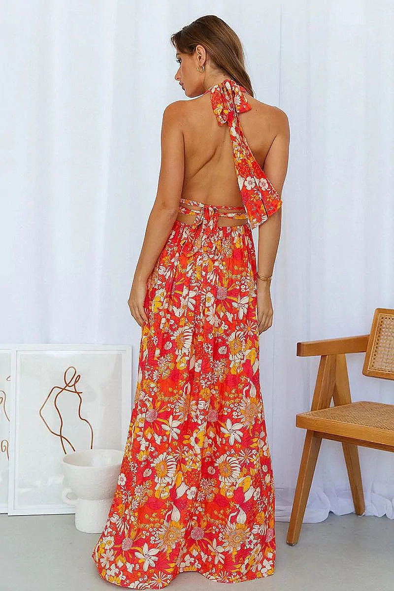 Orange Floral Circle Ring Cut Out Waist Halterneck Maxi Dress