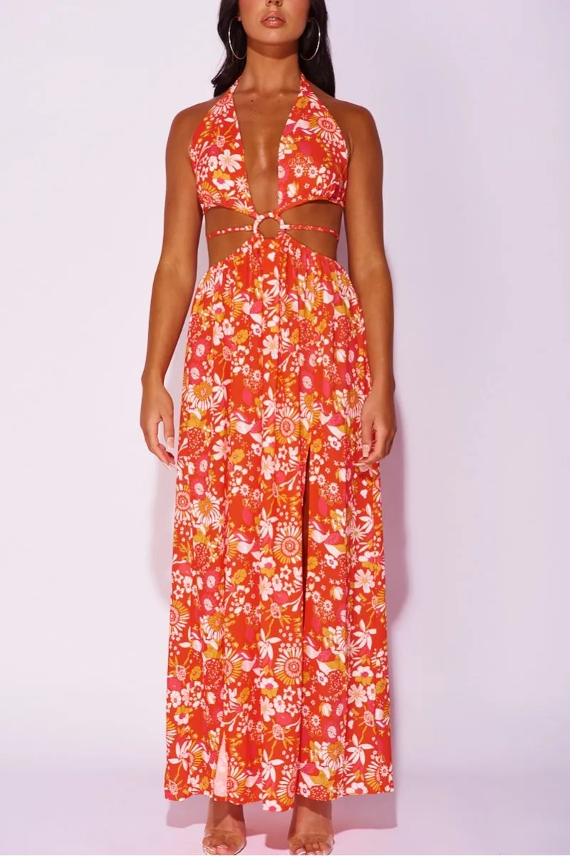 Orange Floral Circle Ring Cut Out Waist Halterneck Maxi Dress