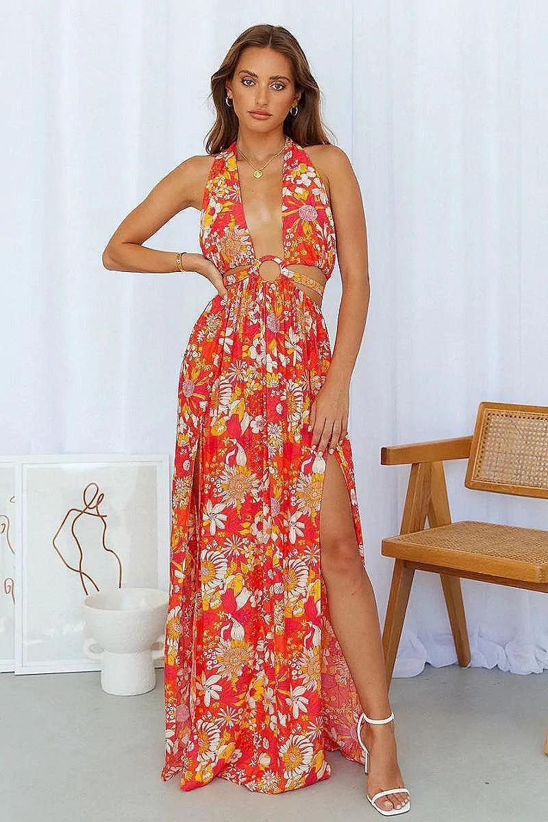 Orange Floral Circle Ring Cut Out Waist Halterneck Maxi Dress
