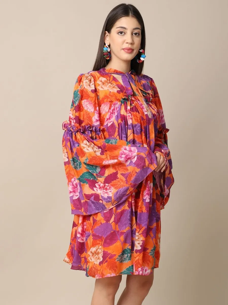 Orange Printed Flare Dress