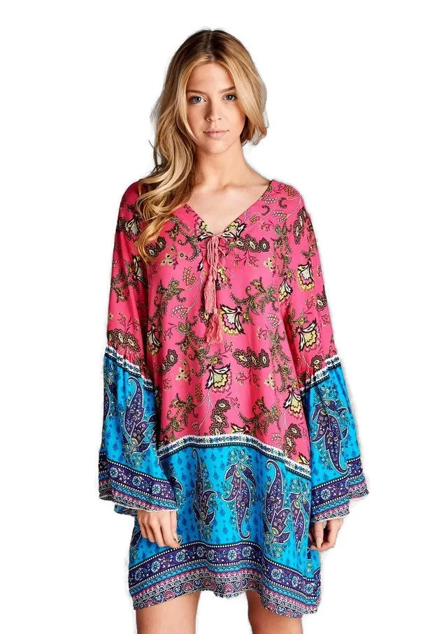 Paisley Bell Sleeve Dress, Pink