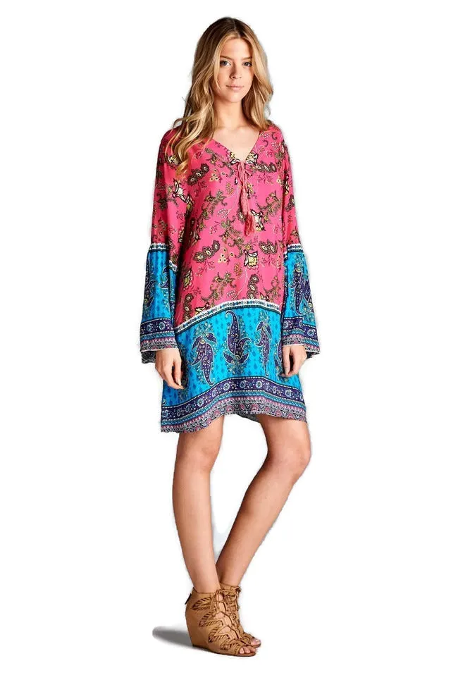 Paisley Bell Sleeve Dress, Pink