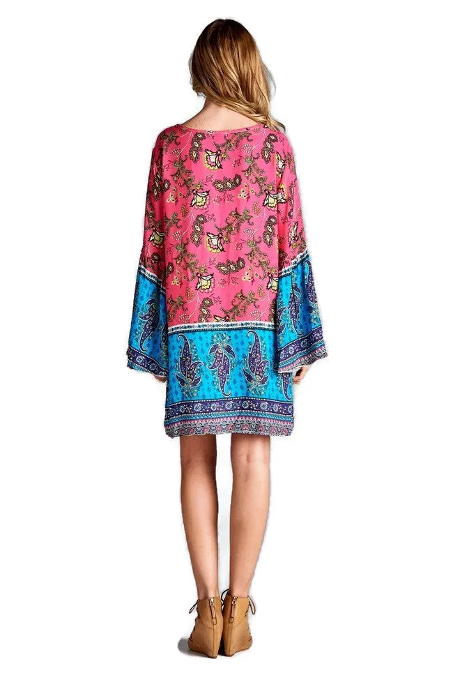 Paisley Bell Sleeve Dress, Pink