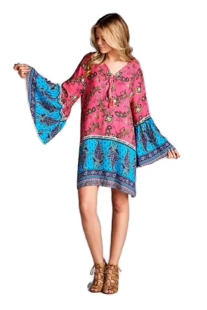 Paisley Bell Sleeve Dress, Pink